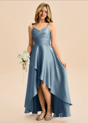 Azazie Eirlys Junior Dusty Blue A-Line Pleated Stretch Satin Dress