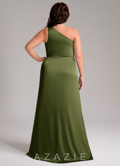 Azazie Phaedra Olive A-Line One Shoulder Stretch Satin Dress olive