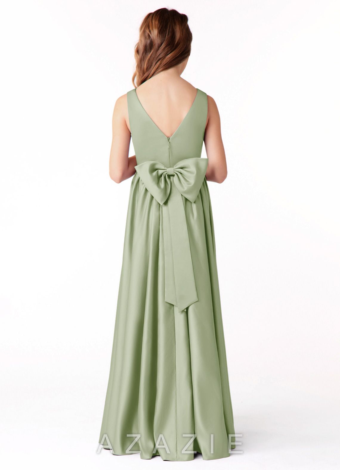 Azazie Hathaway Junior Dusty Sage A-Line Bow Stretch Satin Dress