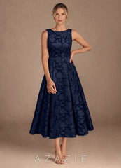 Azazie Fulton Dark Navy A-Line Pleated Floral Burnout Dress dark_navy