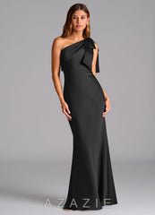 Azazie Yuanna Black Mermaid One Shoulder Stretch Satin Dress