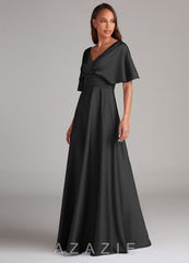 Azazie Pamela Black A-Line Pleated Stretch Satin Dress black