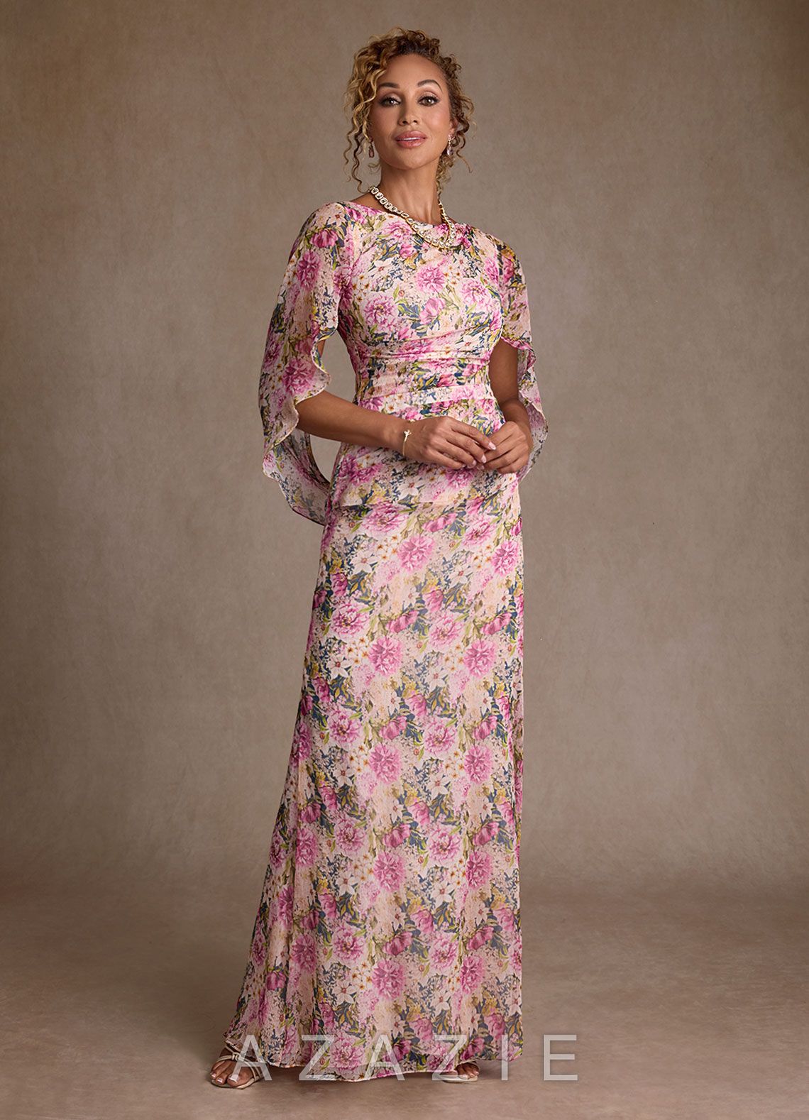 Azazie Belladonna Lavender Floral Mermaid Pleated Chiffon Dress