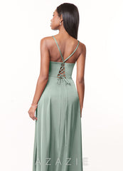 Azazie Maksim Agave A-Line V-Neck Stretch Satin Dress agave