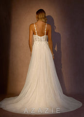 Azazie Florian Wedding Dress Diamond White A-Line V-Neck Sequins Tulle Dress diamond_white