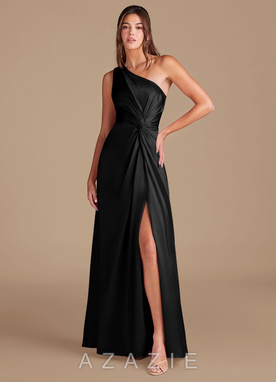 Azazie Brooke Black A-Line One Shoulder Metallic Satin Dress