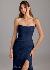 Azazie Leonis Dark Navy Sheath Strapless Floral Burnout Convertible Dress dark_navy