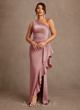 Azazie Yvette Dusty Rose Sheath One Shoulder Stretch Satin Dress