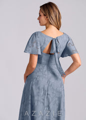 Azazie Kimber Dusty Blue A-Line with Pockets Floral Burnout Dress dusty_blue