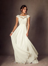 Azazie Brynslee Wedding Dress Cream A-Line Scoop Sequins Chiffon Dress