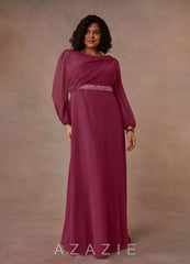 Azazie Priyanka Mulberry A-Line Boatneck Pleated Chiffon Dress mulberry