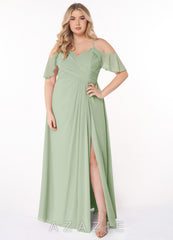 Azazie Dakota Dusty Sage A-Line V-Neck Pleated Chiffon Dress dusty_sage