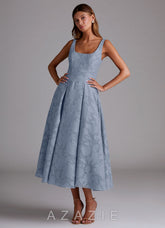 Azazie Amalie Dusty Blue A-Line Pleated Floral Burnout Dress