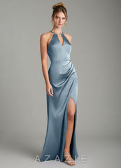 Azazie Aidyn Dusty Blue Sheath Pleated Stretch Satin Dress dusty_blue