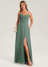 Azazie Terese Eucalyptus A-Line Pleated Chiffon Dress