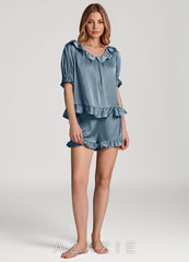 Ruffled Short Sleeve Satin Pajama Set