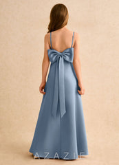 Azazie Joella Girls Formal Dusty Blue A-Line Pleated Matte Satin Dress