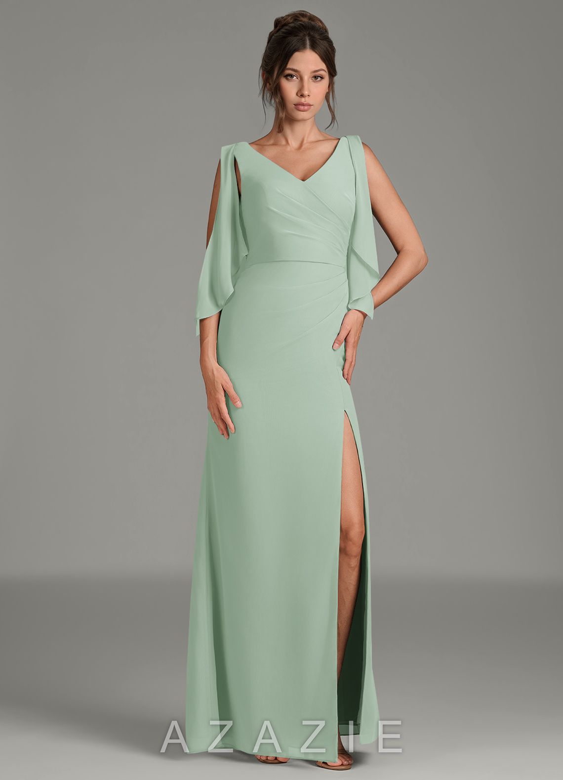 Azazie Kristen Agave Sheath Pleated Chiffon Dress
