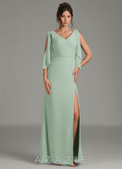 Azazie Kristen Agave Sheath Pleated Chiffon Dress