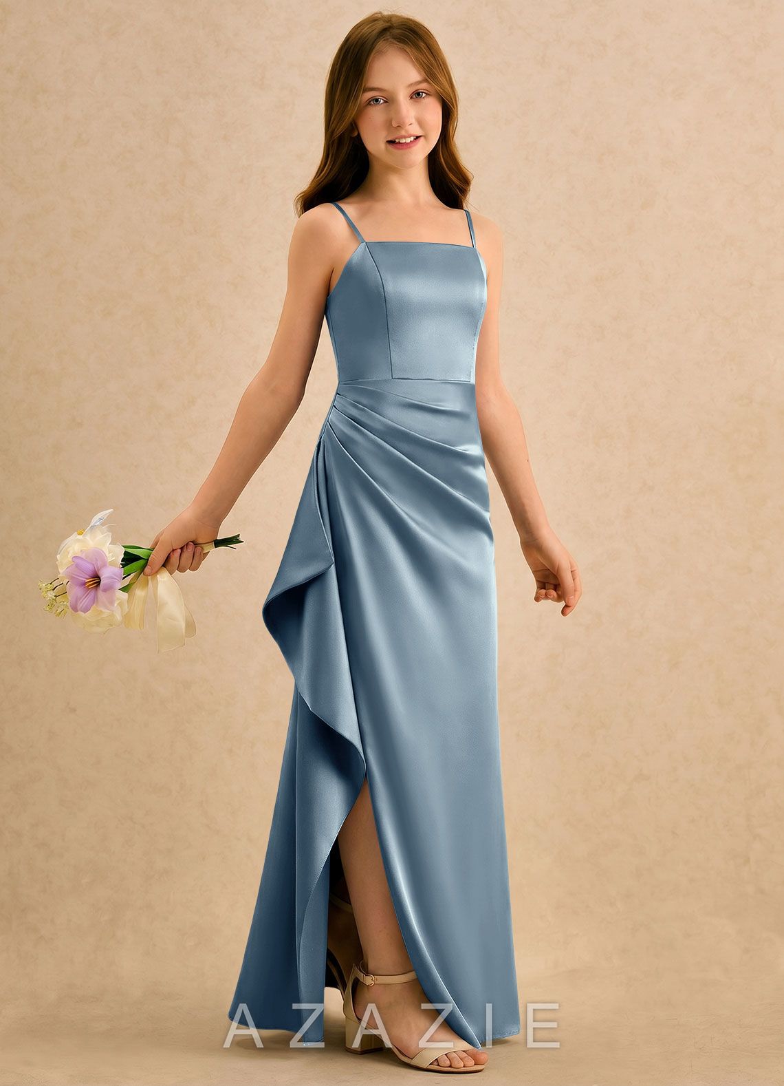 Azazie Cannoli Girls Formal Dusty Blue A-Line Pleated Stretch Satin Dress