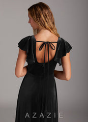 Azazie Bondi Black A-Line Side Slit Velvet Dress black