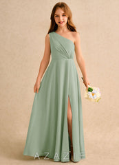 Azazie Puddles Girls Formal Dusty Sage A-Line One Shoulder Chiffon Dress