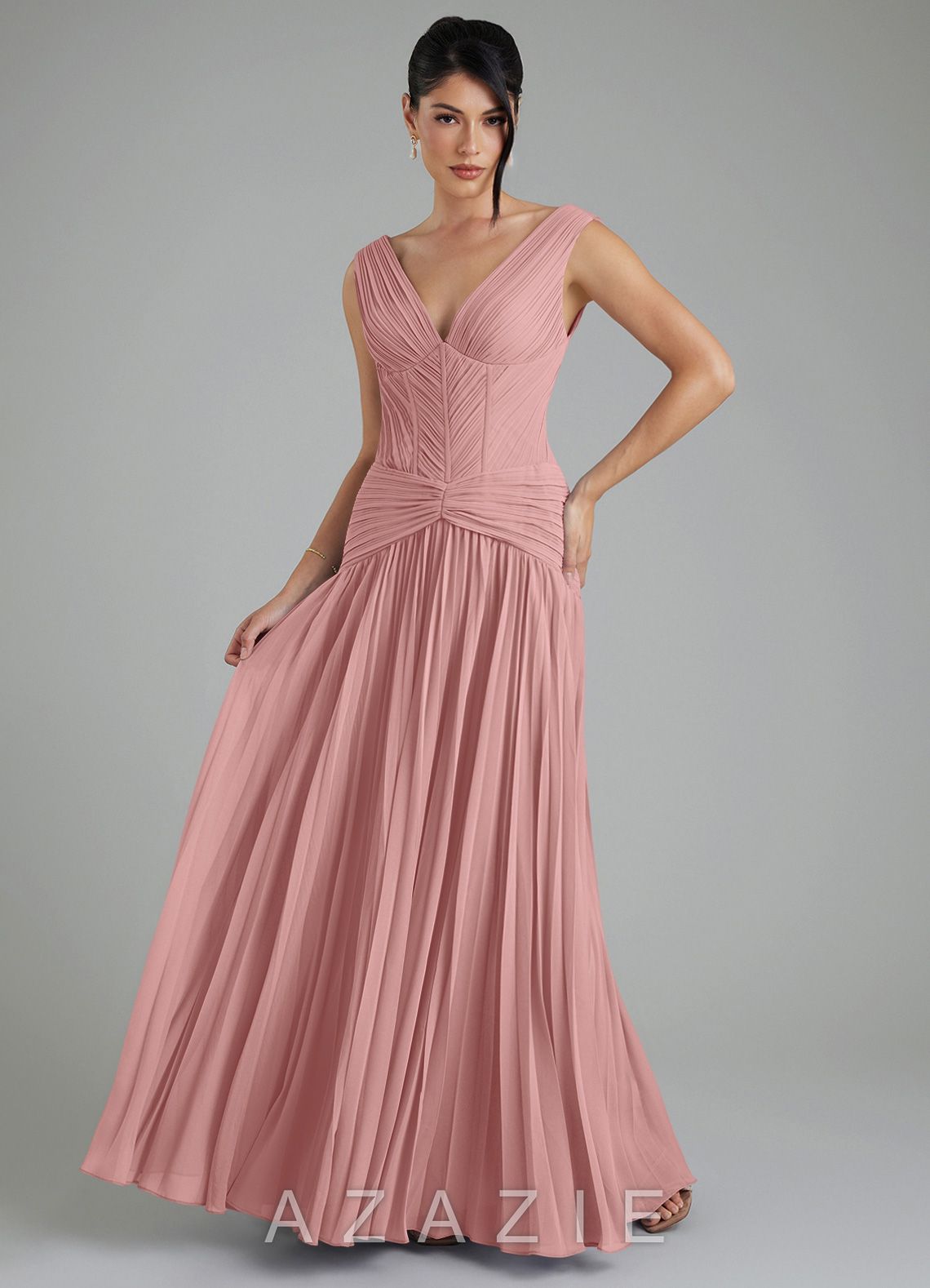 Azazie Kima Dusty Rose A-Line Pleated Chiffon Dress