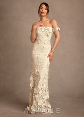 Azazie Lotta Champagne Mermaid Off the Shoulder Lace Dress