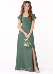 Azazie Bondi Junior Eucalyptus A-Line Bow Chiffon Dress