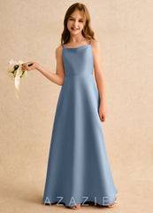 Azazie Joella Girls Formal Dusty Blue A-Line Pleated Matte Satin Dress dusty_blue