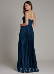 Azazie Mariana Dark Navy A-Line Pleated Stretch Satin Dress dark_navy