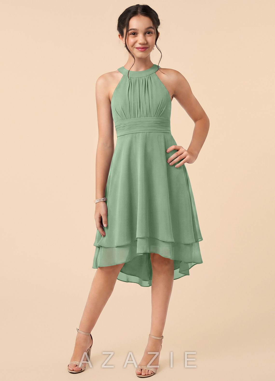 Azazie Linna Junior Matcha A-Line Pleated Chiffon Dress