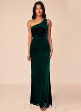 Azazie Argan Emerald Mermaid One Shoulder Pleated Velvet Dress