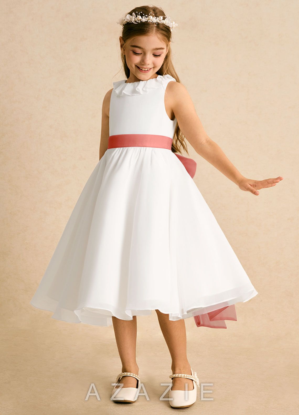 Azazie Dani Ivory Salmon Pink A-Line Bow Chiffon Dress