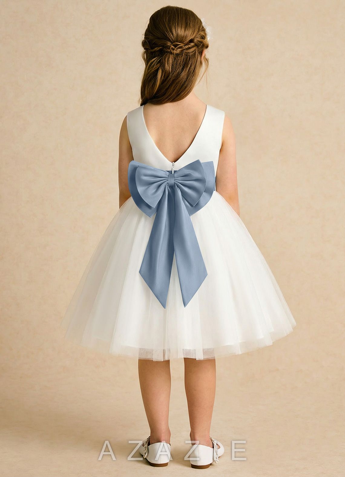 Azazie Sosie Ivory Dusty Blue A-Line Pleated Tulle Dress