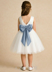 Azazie Sosie Ivory Dusty Blue A-Line Pleated Tulle Dress