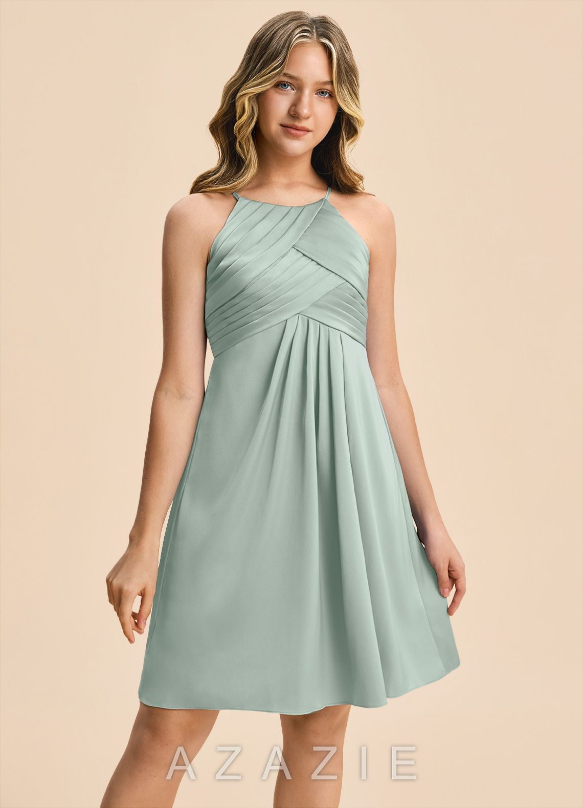 Azazie Ginny Junior Agave A-Line Pleated Stretch Satin Dress