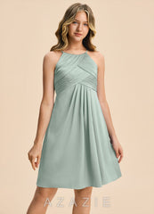 Azazie Ginny Junior Agave A-Line Pleated Stretch Satin Dress