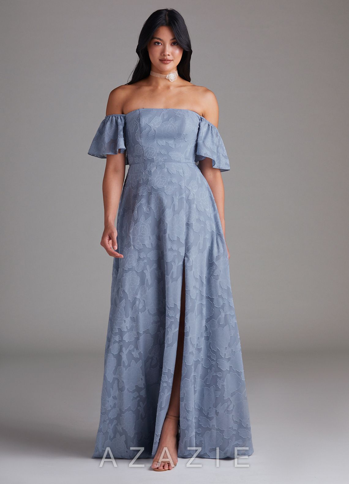 Azazie Sue Dusty Blue A-Line Off the Shoulder Floral Burnout Convertible Dress