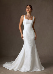 Azazie Quinn Diamond White Mermaid Square Neckline Floral Jacquard Dress