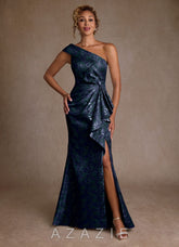 Azazie Hampton Dark Navy Mermaid One Shoulder Jacquard Dress
