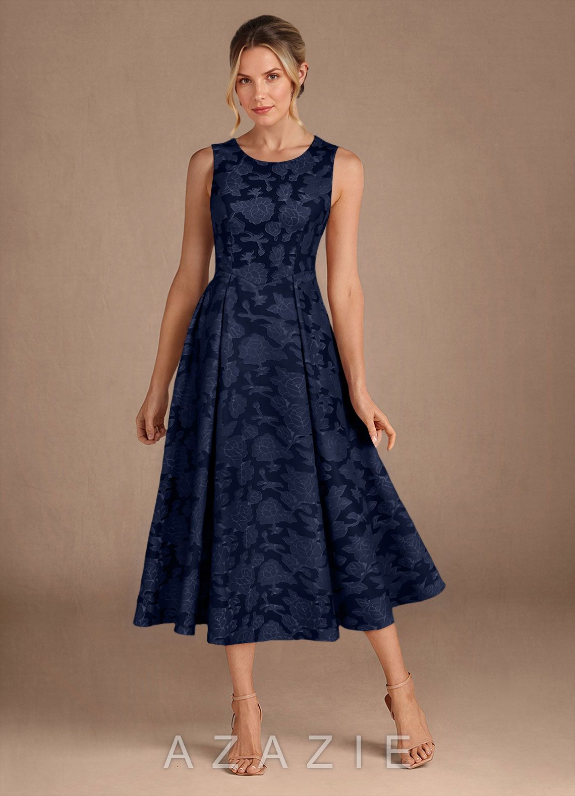 Azazie Fulton Dark Navy A-Line Pleated Floral Burnout Dress