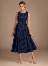 Azazie Fulton Dark Navy A-Line Pleated Floral Burnout Dress
