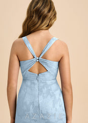 Azazie Mero Junior Sky Blue Sheath Pleated Floral Burnout Dress sky_blue