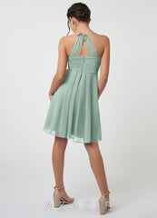 Azazie Ginny Junior Agave A-Line Pleated Chiffon Dress agave