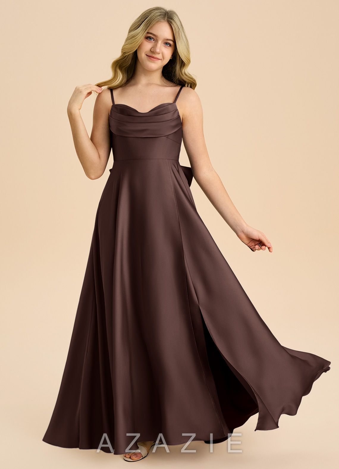 Azazie Bear Junior Ganache A-Line Sweetheart Neckline Stretch Satin Dress