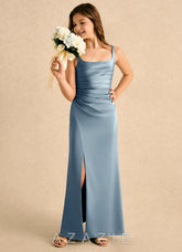 Azazie Nalah Girls Formal Dusty Blue A-Line Pleated Stretch Satin Dress