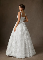 Azazie Geneva Diamond White Ball-Gown Square Neckline Lace Dress diamond_white