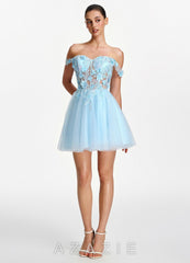 Eudaimonia Light Blue 3D Flower Sequin Embroidery Corset Off-the-Shoulder Tulle