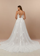 Azazie Arabelle Wedding Dress Diamond White A-Line V-Neck Lace Tulle Dress diamond_white